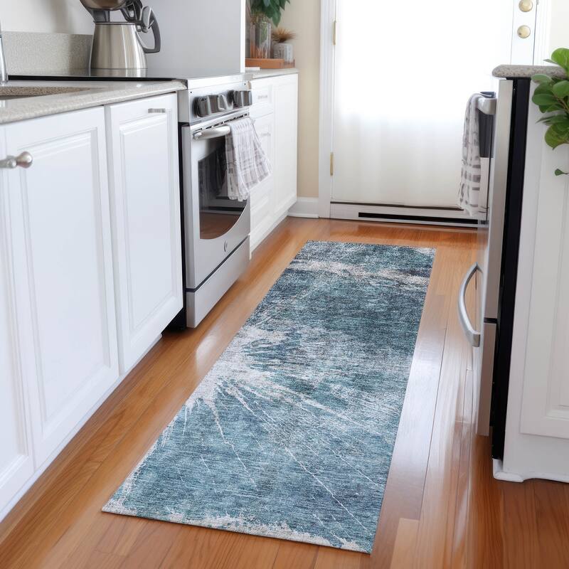 Machine Washable Indoor/ Outdoor Chantille Modern Tree Grain Rug - Teal - 2'3" x 7'6"