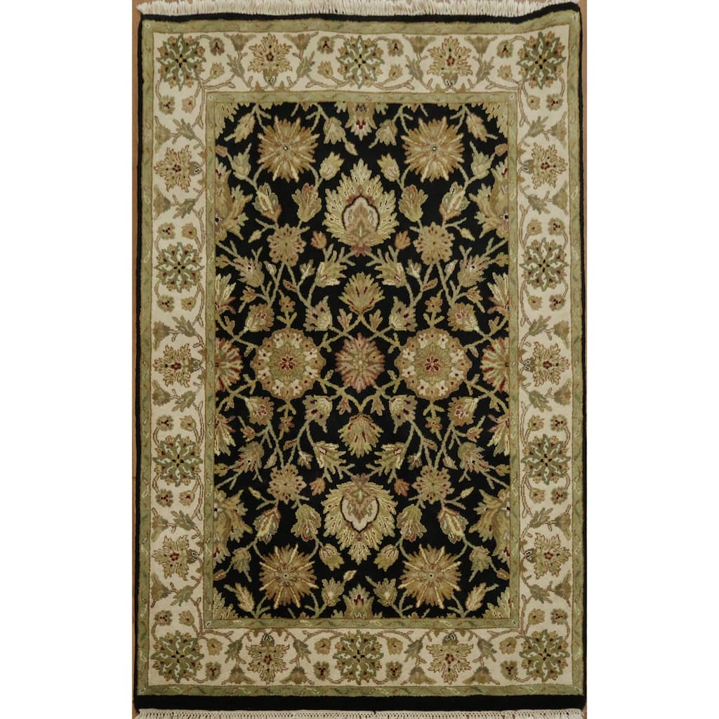 Hand Knotted Oriental 100% Wool Carpet Traditional All-Over Black Agra Area Rug - 6' 5'' X 4' 1''