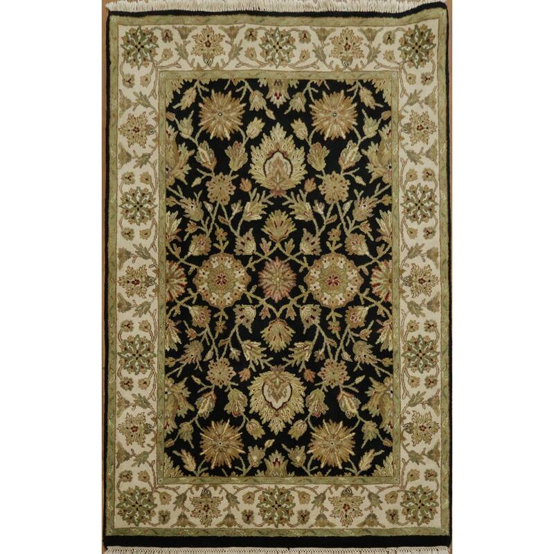 Hand Knotted Oriental 100% Wool Carpet Traditional All-Over Black Agra Area Rug - 6' 5'' X 4' 1''