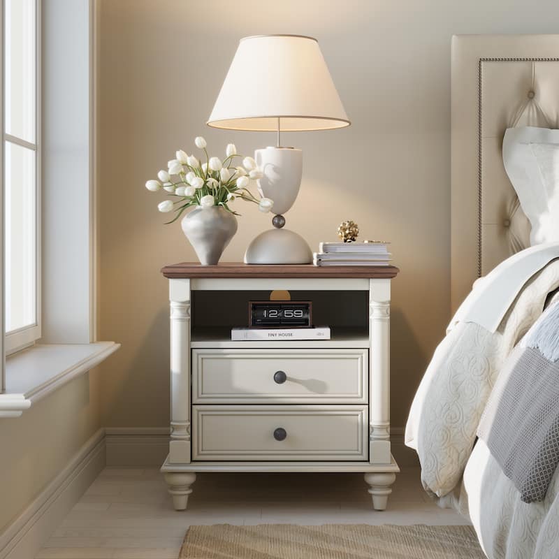 Farmhouse Nightstand Solid Wood Feet, Sofa Table with Charging Station