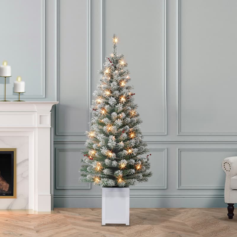 Puleo International Set of 2 5 ft. Pre-Lit Potted Flocked Western Spruce Trees