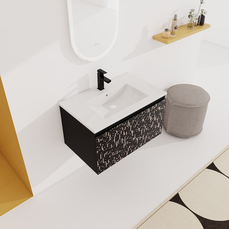 Plywood Wall Mounting Bathroom Vanity Set in Black with Integrated Ceramic Sink