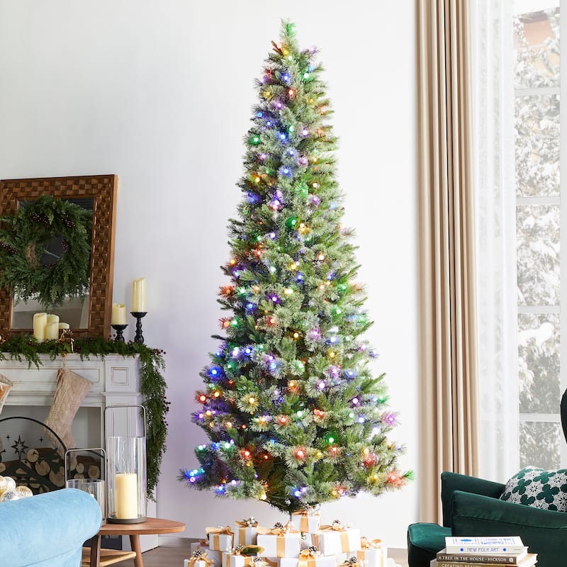 Glitzhome 7.5ft/9ft Pre-Lit Green Slim Pine Artificial Christmas Tree with Foot Pedal & Remote Control - 9FT