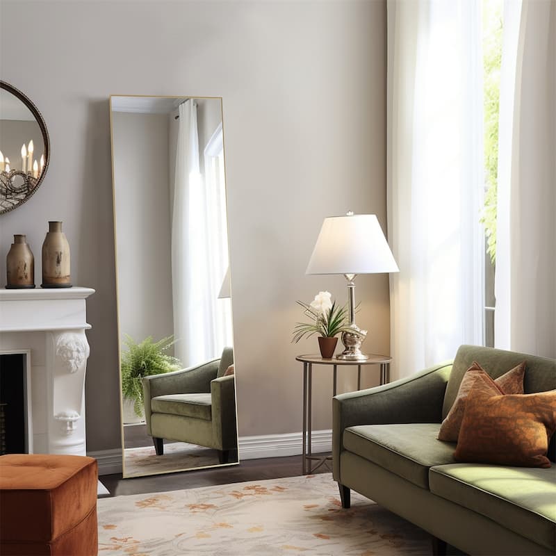 Full Length Mirror with Stand, Floor Mirror with Aluminum Alloy Frame for Bedroom, Standing Full Body Mirror for Wall, Cloakroom - 59X16 - Gold