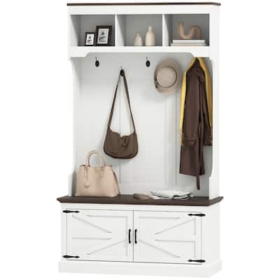 White and Oak MDF Hall Tree Bench with Shoe Storage and Steel Hooks - 41.3" W x 15.7" D x 70.9" H