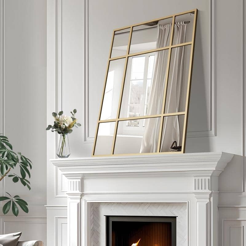 Iron Metal Frame Rectangular Windowpane Wall Mirror Farmhouse Rustic Elegant Decor for Living Room Bedroom Bathroom Entryway