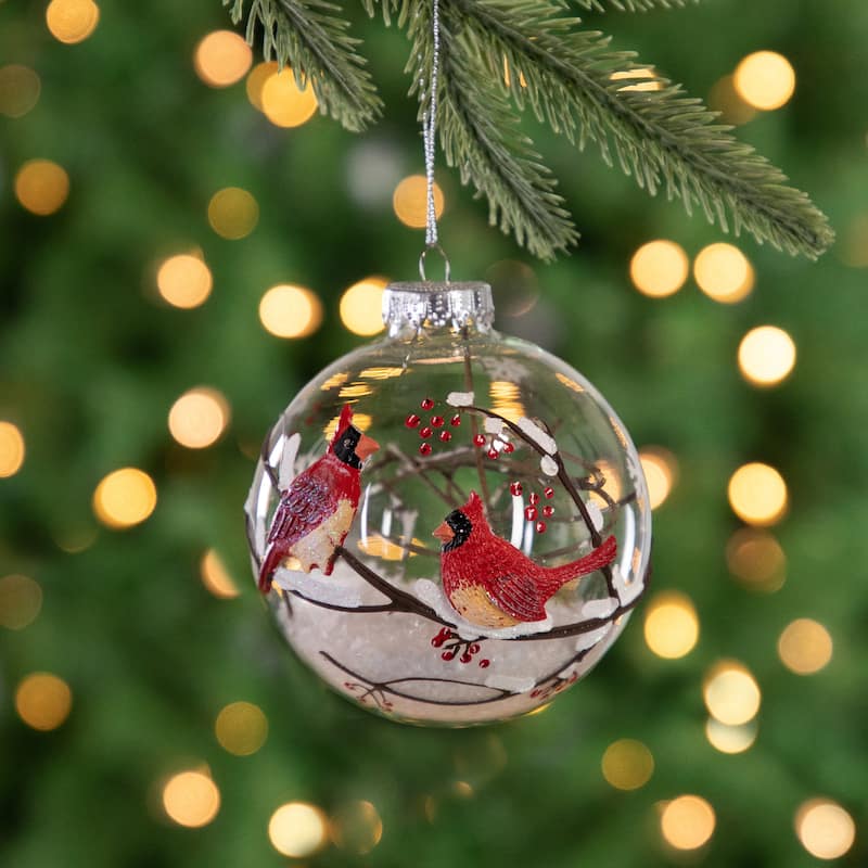 Cardinals Snowy Winter Scene Glass Ball Christmas Ornament - 4" - Red