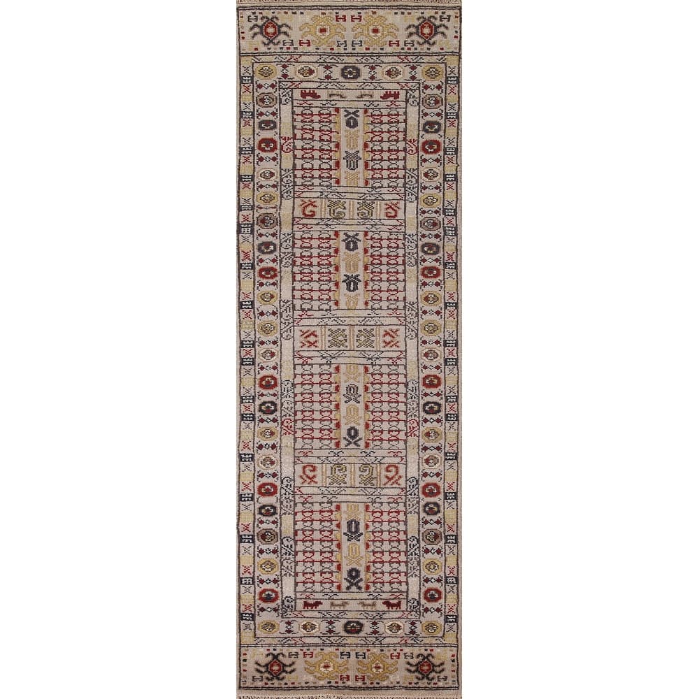 Tribal Geometric Khotan Runner Rug Hallway Handmade Wool Carpet - 2'6"x 10'0"