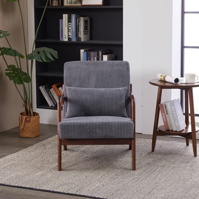 Mid-Century Modern Accent Chair – Upholstered Armchair with Pillow & Solid Wood Frame, Perfect for Living Room, Bedroom. - Antique Dark Grey+Brown