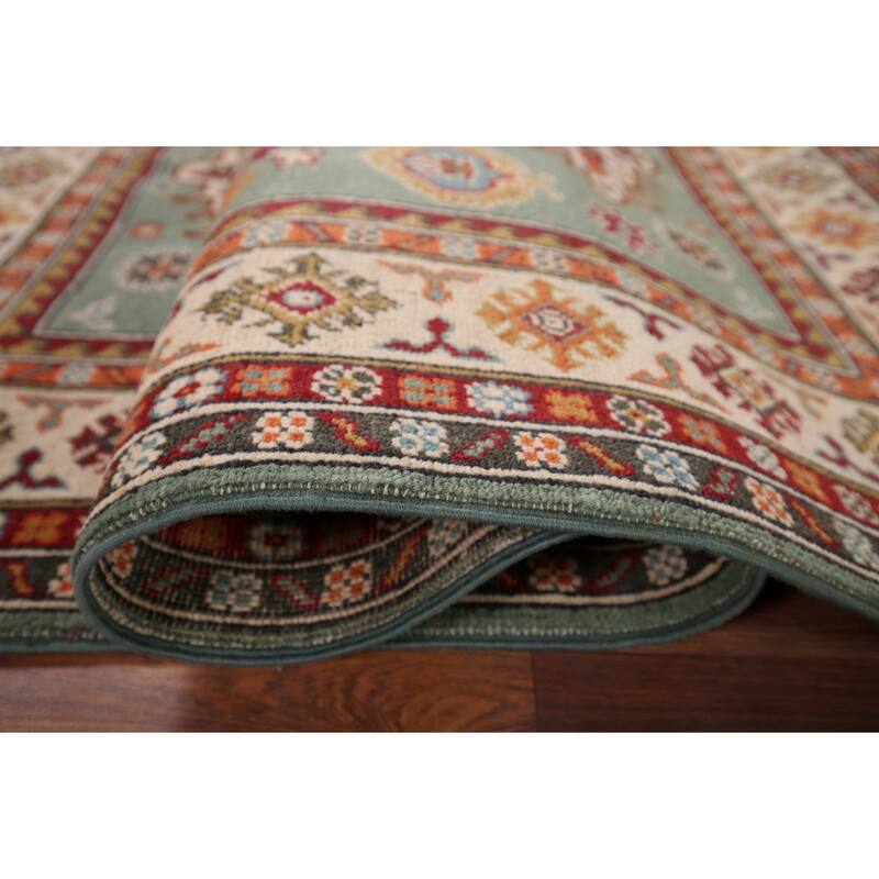 Hand Knotted Oriental 100% Wool Carpet Traditional Geometric Green Kazak Area Rug - 5' 10'' X 3' 11''
