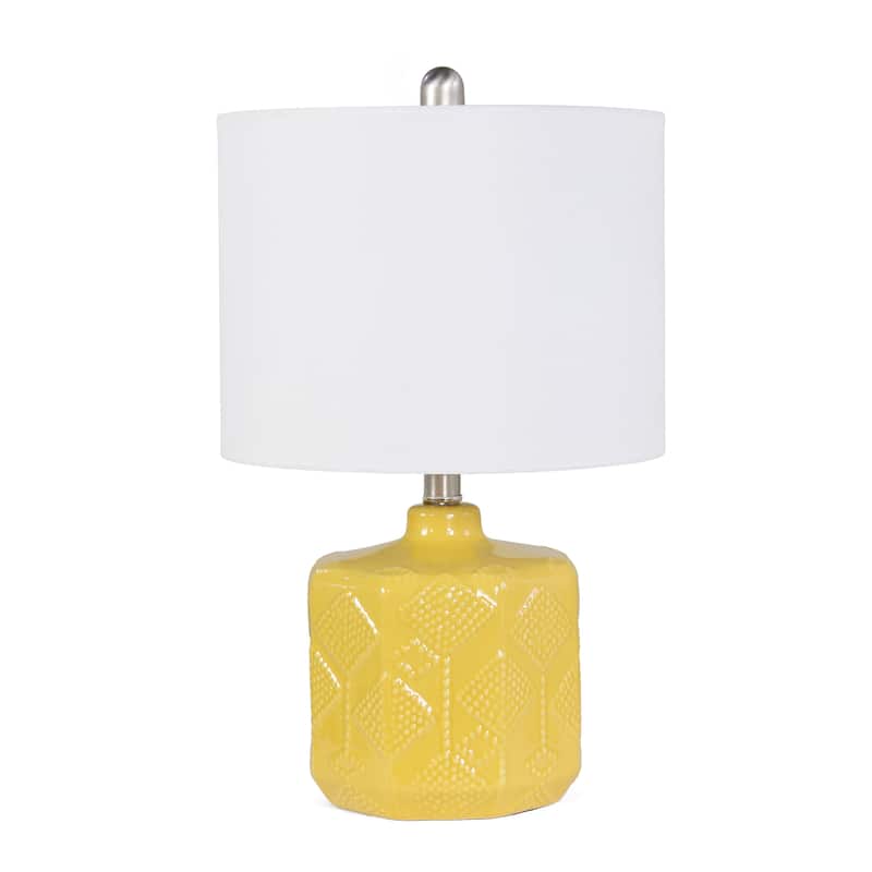 19" Contemporary Ceramic Table Lamp with White Linen Shade and Rotary Switch for Bedroom or Office - 12”L x 12”W x 19”H - Ochre Yellow
