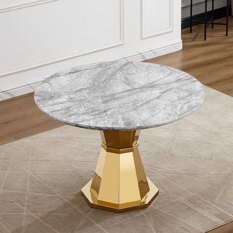 47" Round Dining Table with Faux Marble Tabletop and Stainless Steel Base - Grey+Gold