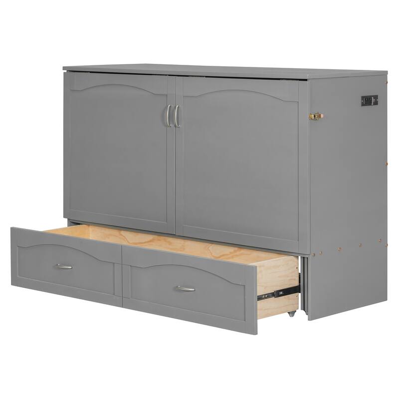 Queen Size Wall Bed with Drawers, USB Ports, and Pulley Design, Gray