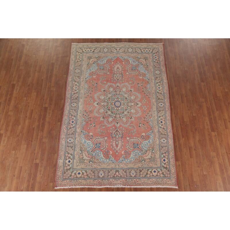 Hand Knotted Oriental 100% Wool Carpet Traditional Floral Pink Mashad Area Rug - 9' 5'' X 6' 2''