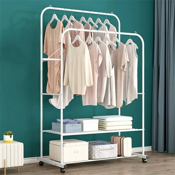 Large Clothes Rack Double Rail Rolling Stand Shoes Rack Storage Shelf ...