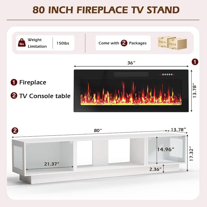 BOSSIN 80" Fireplace TV Stand with Adjustable LED Lights, Modern Entertainment Center with Glass Door Storage Cabinet, Black
