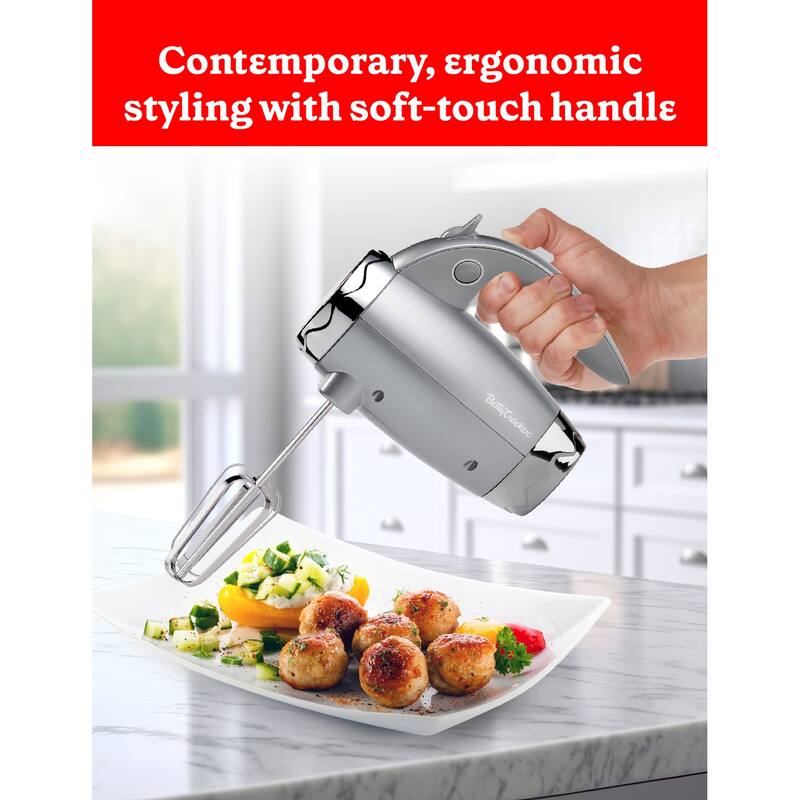BETTY CROCKER Hand Mixer with Stand, Silver