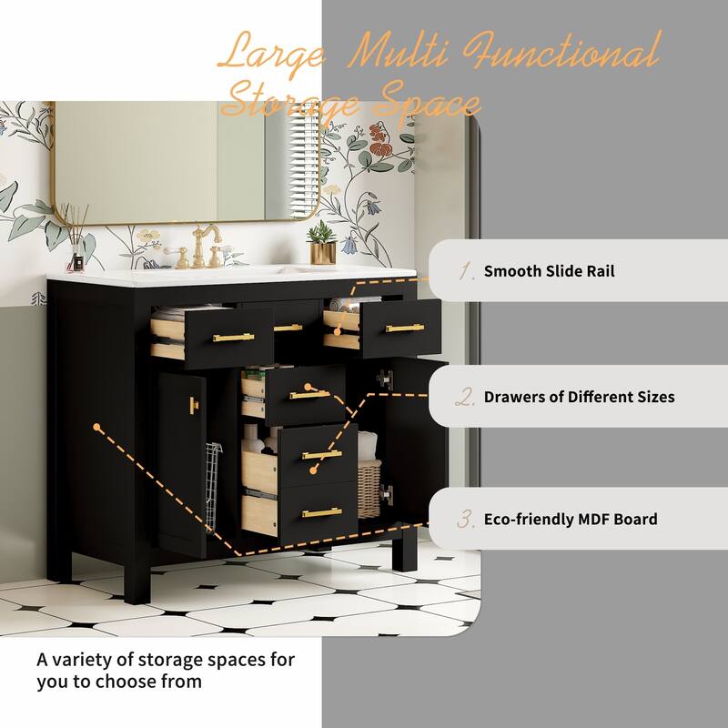 36" Bathroom Vanity with Ceramic Sink Set- Solid Wood Frame, Freestanding Storage Cabinet