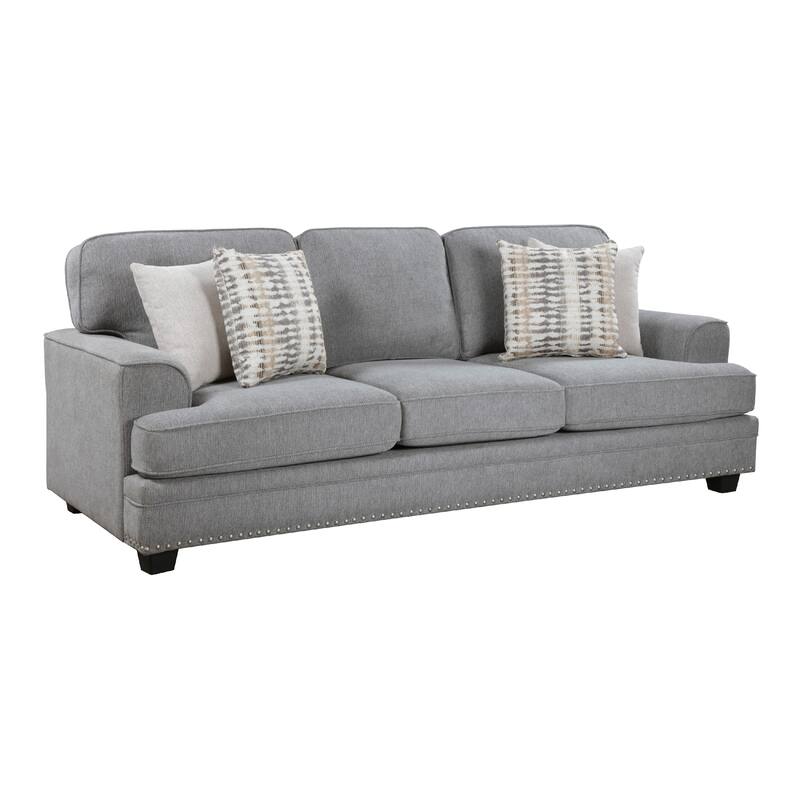 Brady Sofa with 4 Pillows, Gray Chenille, Nailhead Trim, 92 Inch