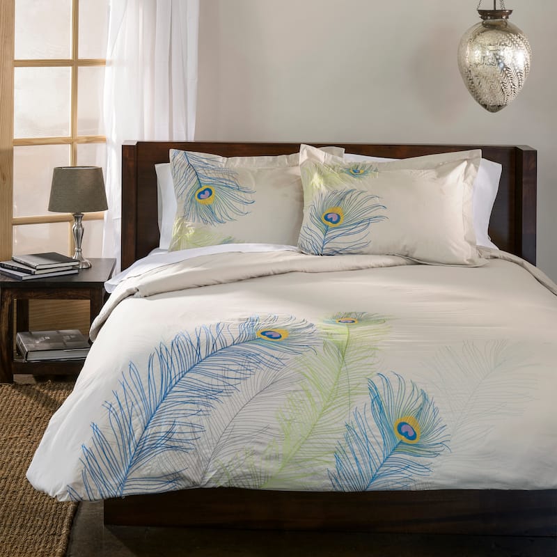 Superior Peacock 3-piece Embroidered Cotton Duvet Cover Set