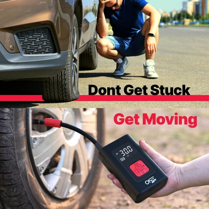 ONE Tire Inflator Portable Air Compressor, 150PSI Portable Air Pump for Cars, Bikes, Motor Bikes and Balls, 5200mAh/7.4V battery