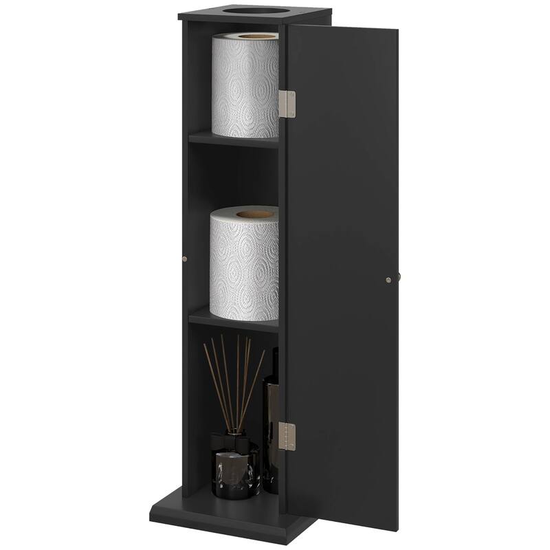 Toilet Paper Cabinet,Small Bathroom Corner Floor Cabinet with Doors and Shelves,Thin Storage Bathroom Organizer - Black