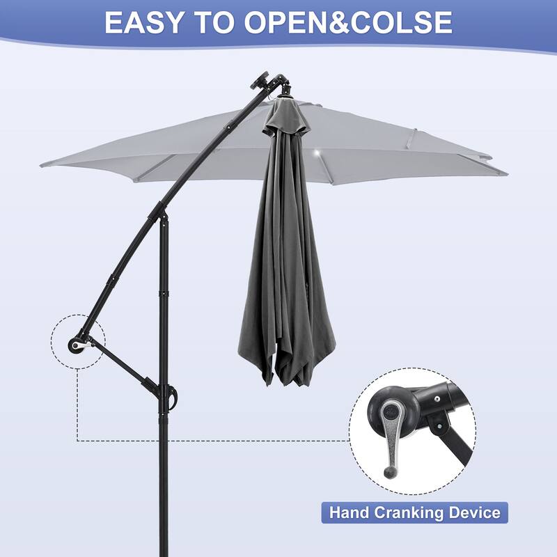 Autlaycil 10ft Offset Hanging Market Patio Umbrella With Base&Solar Lights