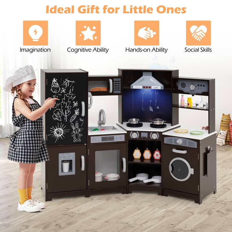 Gymax Corner Kids Play Kitchen Wooden Pretend Toy Kitchen w/ Realistic