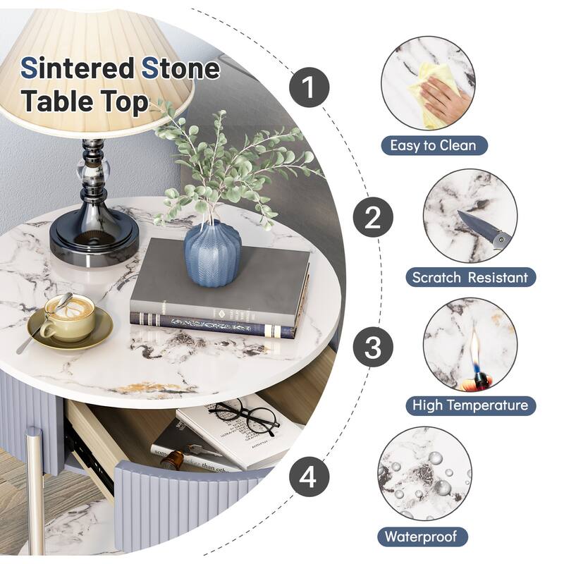 Myhozm Modern End Table with Storage Drawer, Round Nightstand with Metal Legs for Living Room, Bedroom, Office