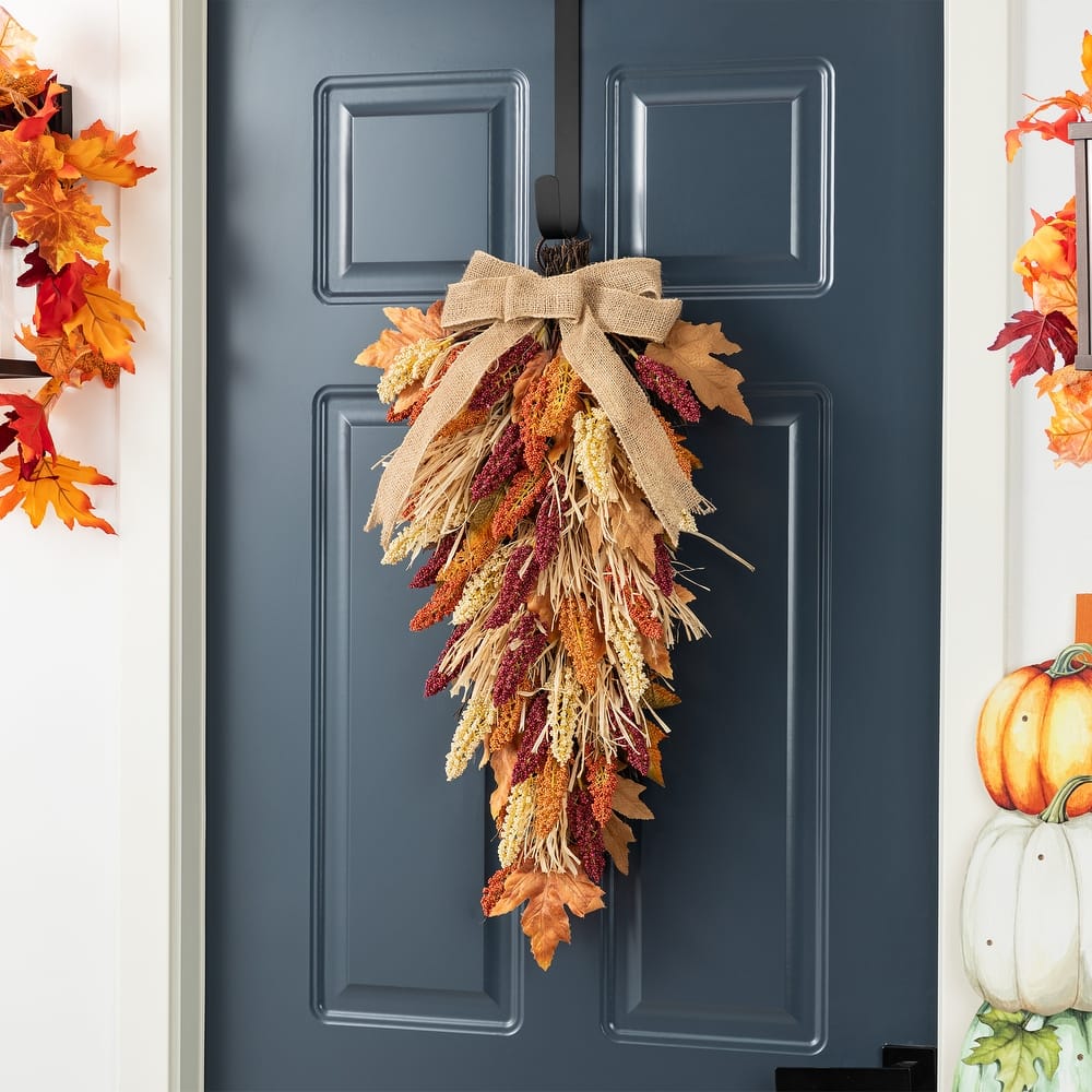 Glitzhome Fall Thanksgiving Artificial Sorghum Garland Wreath Swag Floral Porch Decor
