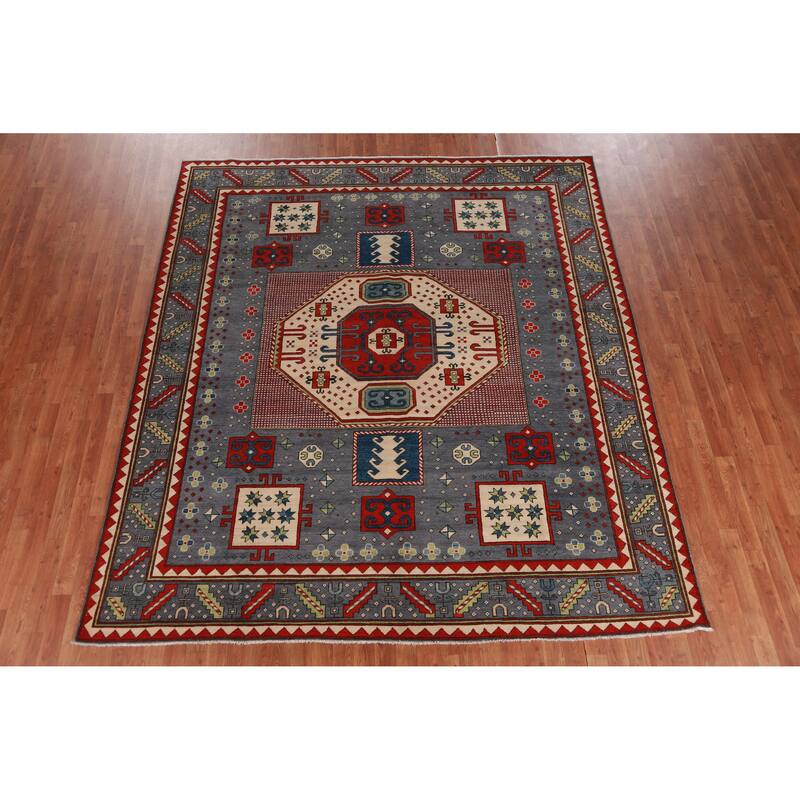 Hand Knotted Oriental 100% Wool Carpet Traditional Medallion Navy Blue & Blues Kazak Area Rug - 9' 7'' X 8' 4''
