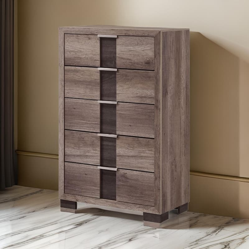 Rangley 47 Inch Tall Dresser Chest, Wood, 5 Drawers, Metal Handles, Brown