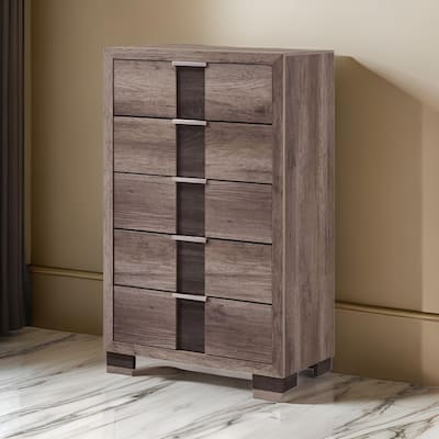 Rangley 47 Inch Tall Dresser Chest, Wood, 5 Drawers, Metal Handles, Brown