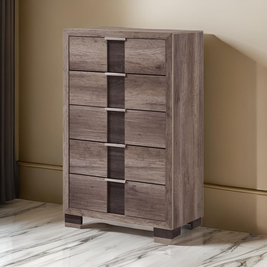 Rangley 47 Inch Tall Dresser Chest, Wood, 5 Drawers, Metal Handles, Brown