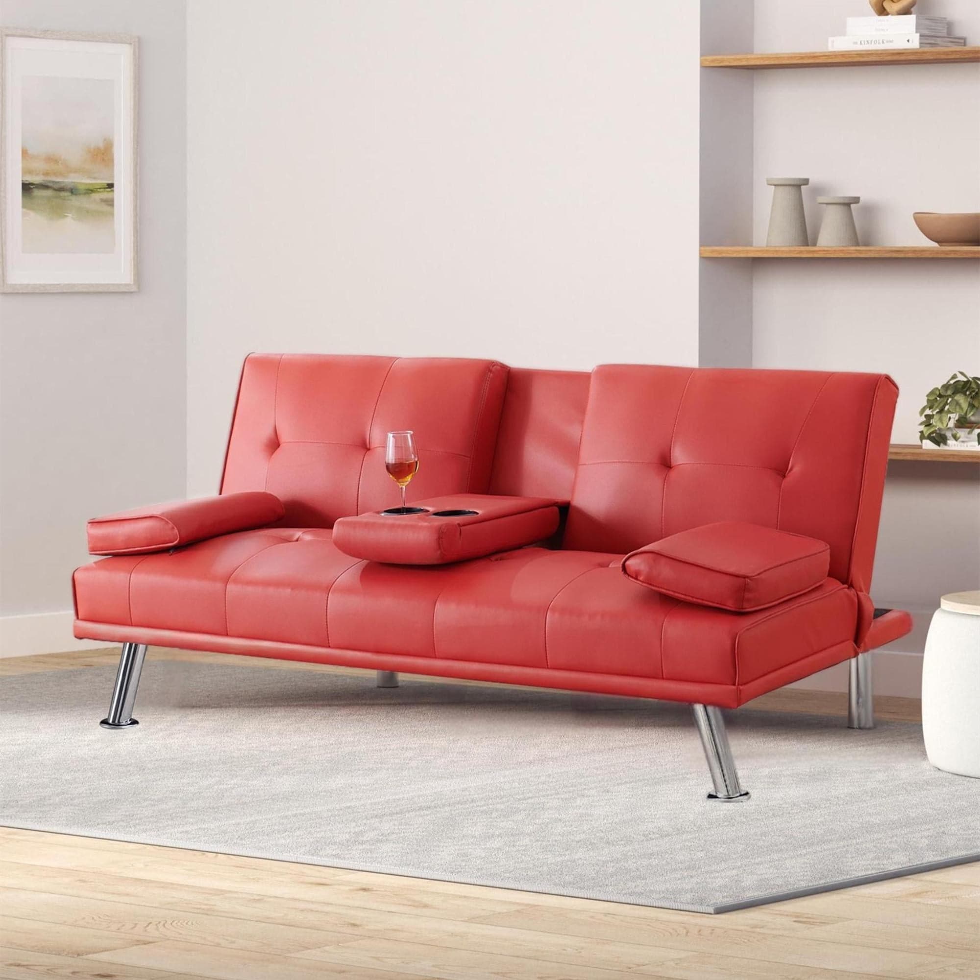 Red Leather Convertible Futon Sofa Bed with Cupholders, Twin Size 67-inch Length