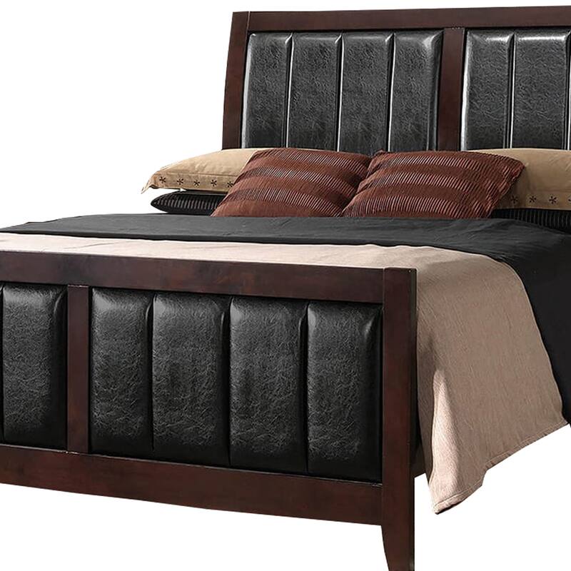 Leatherette Upholstered Wooden Eastern King Bed, Brown and Black