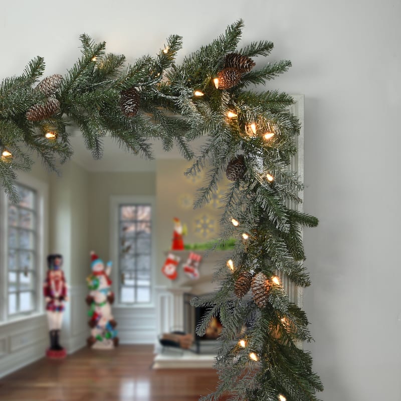 9 ft. Snowy Morgan Spruce Garland with Clear Lights - Green