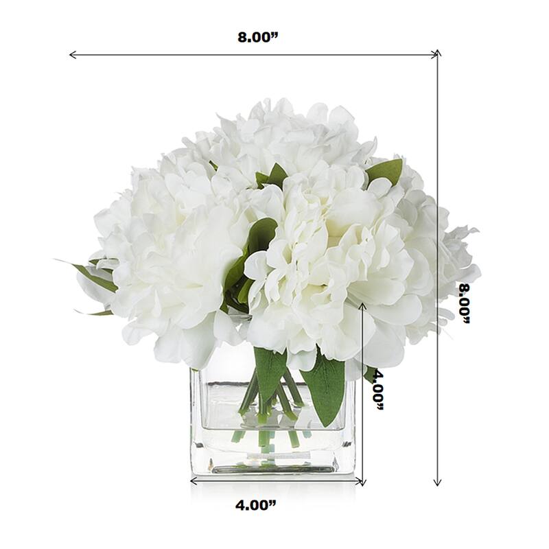 Enova Home 7 Heads Artificial Peony Silk Flowers Arrangement in Clear Cube Glass Vase with Faux Water for Home Decór