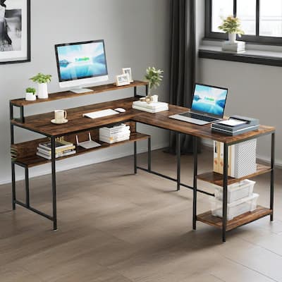 L-Shaped Reversible Office Desk with Monitor Stand and Spacious Storage Shelves