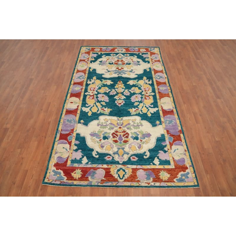 Hand Knotted Oriental 100% Wool Carpet Transitional Floral Green Oushak Area Rug - 8' 10'' X 5' 1''