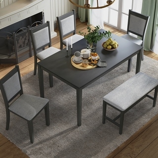 Rectangular 6-Piece Wood Fixed Dining Table Set with Bench Seating and ...