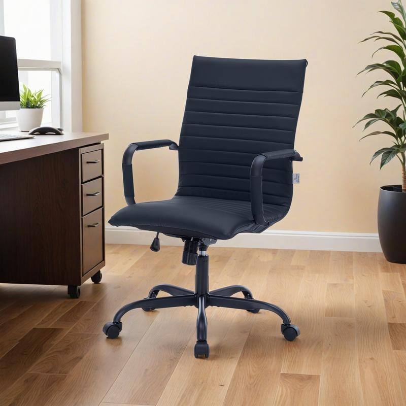 Harris Ribbed Leather Adjustable High-Back Desk Computer Swivel Office Chair in Black Metal Frame for Home Conference