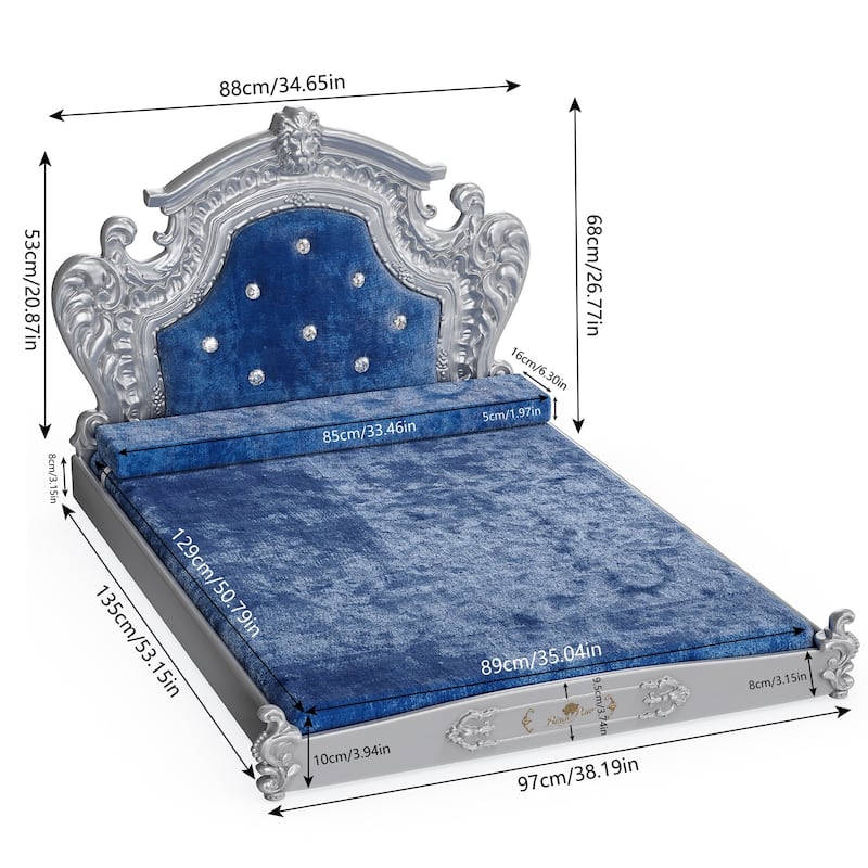 Silver Baroque Soft Velvet Cover Dog Bed Pet Sofa Furniture With Tufted Headboard Diamonds Decor