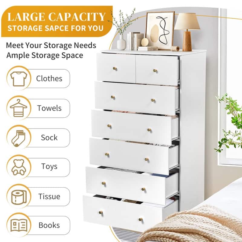 Large 7-Drawer Dresser For Bedroom And Chest Of Drawers With Sturdy Construction Wood Storage Organizer For Closet