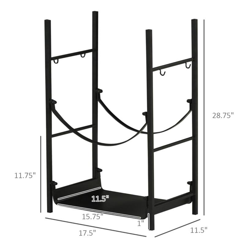 Black Steel Firewood Rack with Fireplace Tools and Off-Ground Design - 17.5" L x 11.5" W x 28.75" H