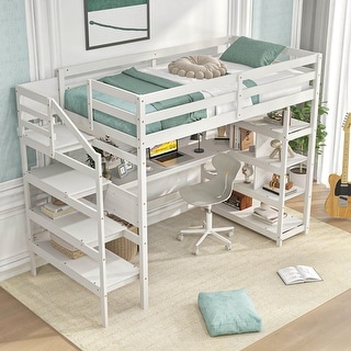 Gymax Twin Size Loft Bed w/ Desk & Storage Stairs Solid Wood Loft Bed