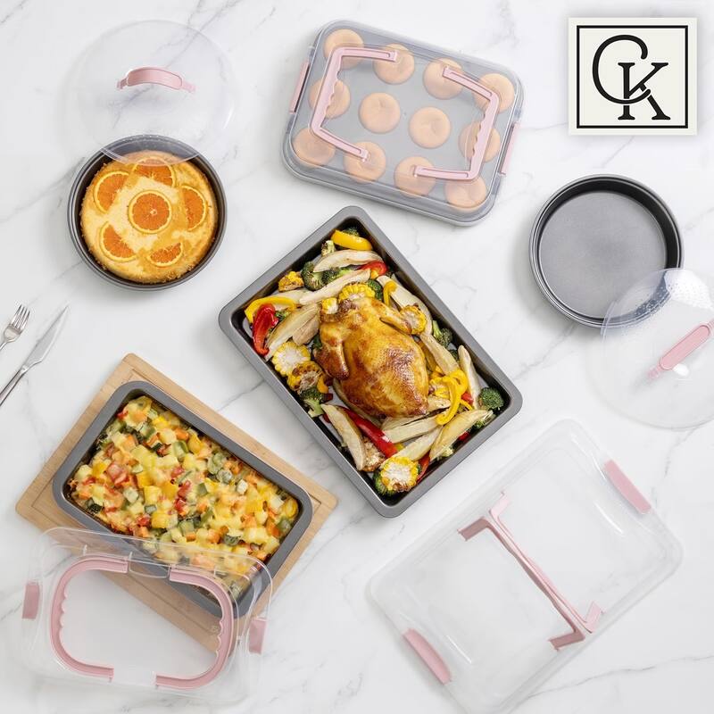 Country Kitchen Baking Pans Set 10 Piece Non-Stick Cake Pans with Carry Lids for Storage & Travel, Perfect for Parties Stackable