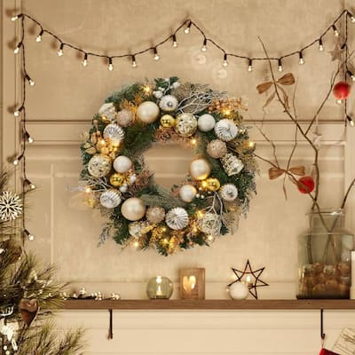 24 Inch Lighted Christmas Wreath for Front Door Decor - N/A