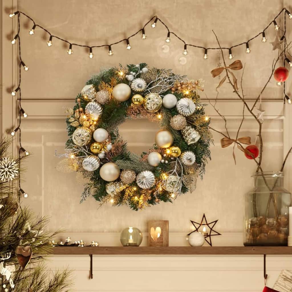 24 Inch Lighted Christmas Wreath for Front Door Decor - N/A