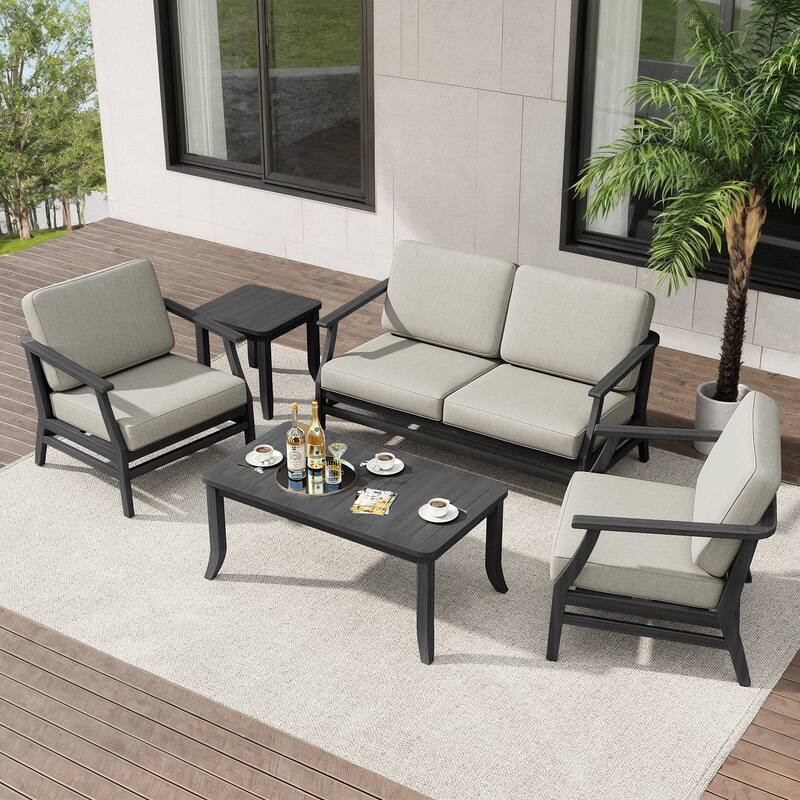 Teak Outdoor Patio Seating Set with Loveseat, Chairs and Tables (5-Piece)